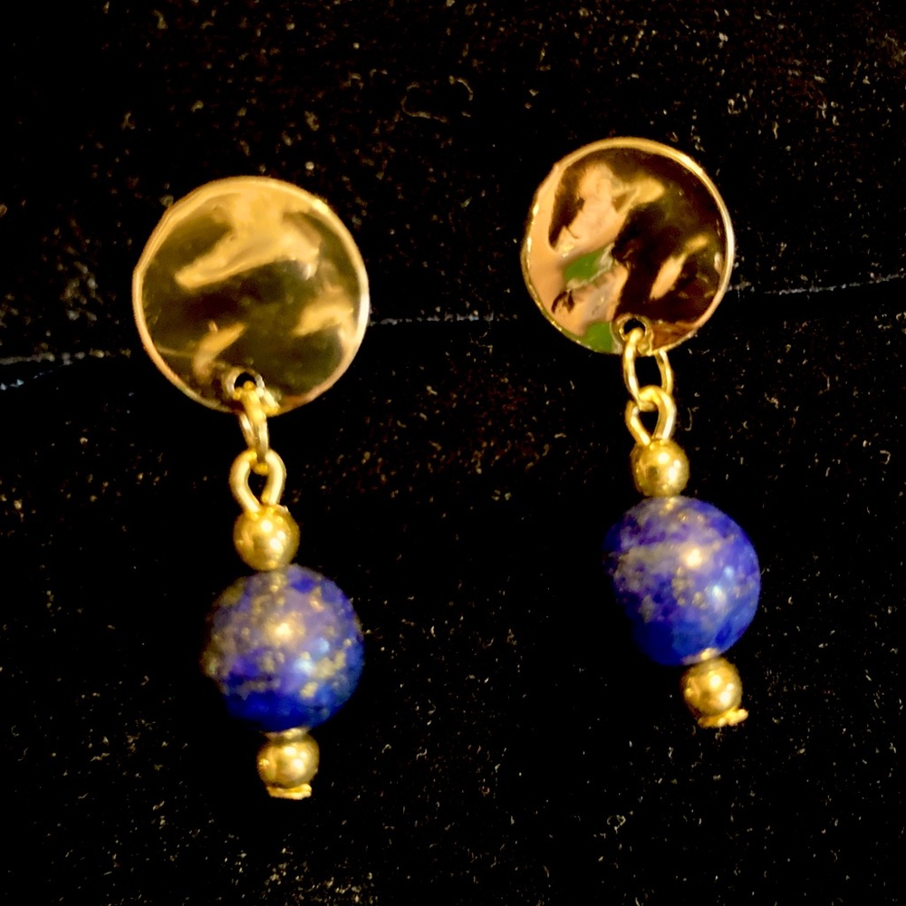 New Lapis Lazuli Orb with Golden Sun Dangle Drop Studded Earrings